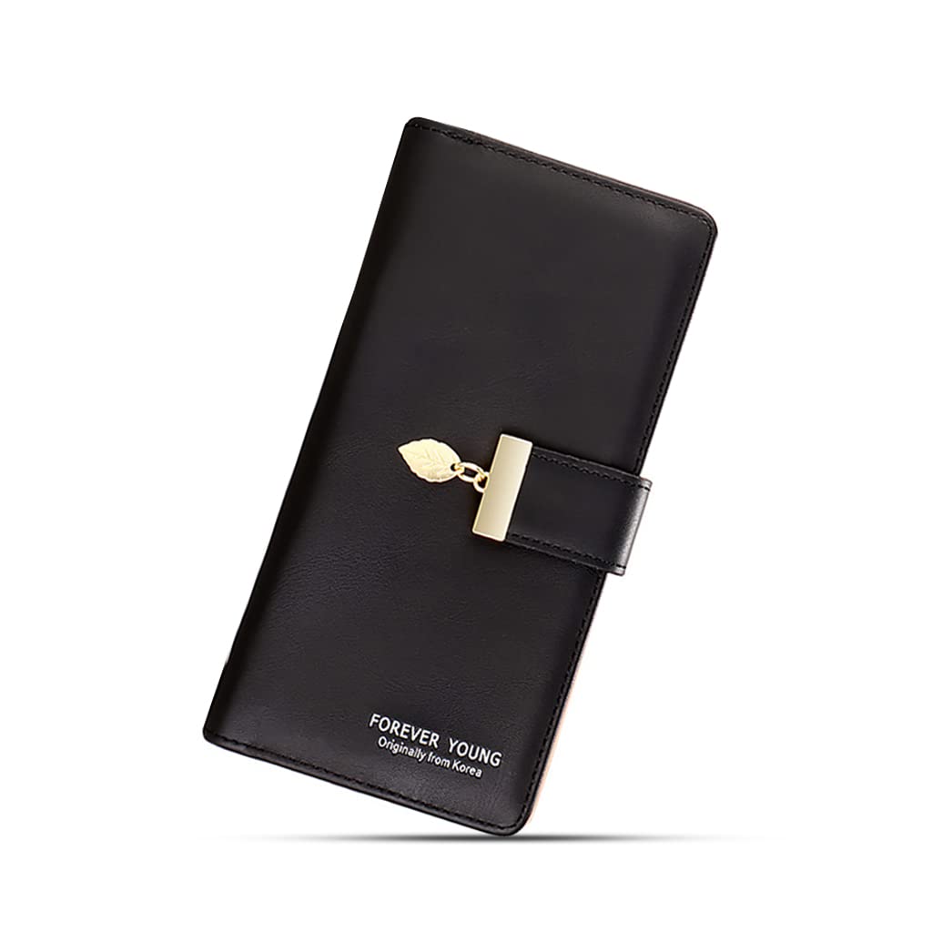 PALAY Women's PU Leather Long Wallet with Hand Strap Leaf Pendant Card Holders Phone Pocket Zipper Coin Purse Clutch Bag for Women (Black) PALAY Women's PU Leather Long Wallet with Hand Strap Leaf Pendant Card Holders Phone Pocket Zipper Coin Purse Clutch Bag for Women (Black)